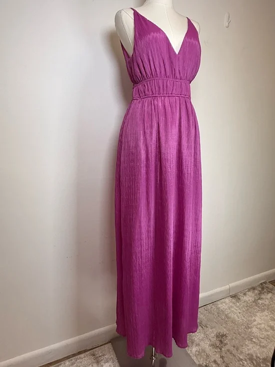 TAYLOR Magenta Pleated V-Neck Maxi Dress Flowy Silky Women’s Size Small - Picture 7 of 11